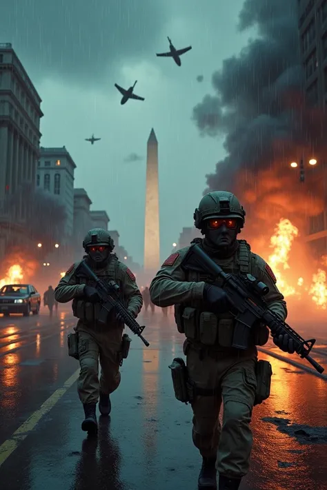 Call Of Duty soldiers in Washington at night raining and jets and helicopter throwing bombs