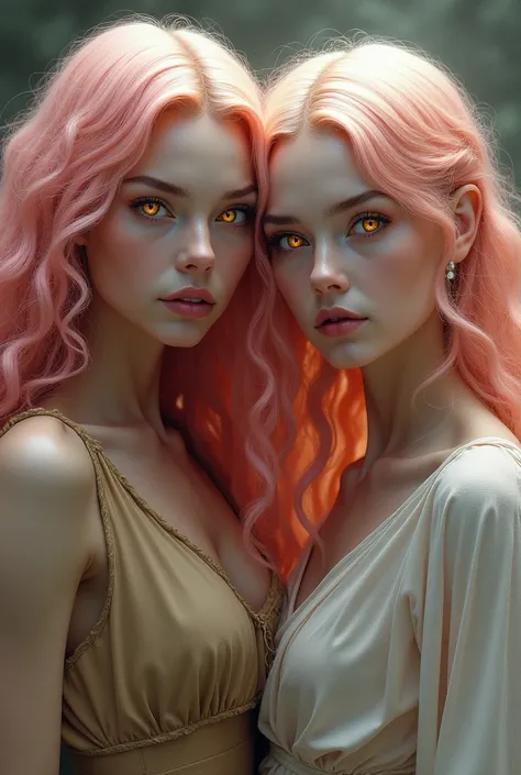 Arcane tv show art styled women with light pink rose hair pale skin yellowish orange eyes hair curly and wavy wearing brown clothes