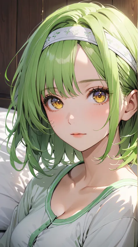 face details,semi realistic, Masterpiece, Master work, perfect , 4k,semi realistic, masterpiece, newest, absurdres, 1woman, short hair, average size breasts, short neon green hair,wearing headband, middle parted bangs, neon green colored hair, large forehe...