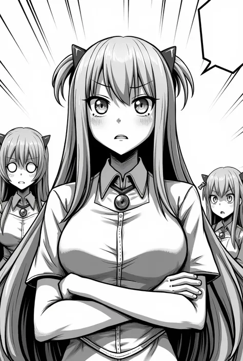 Image is a black and white manga-style illustration featuring a female character in the foreground. She has long, straight hair with two hairpins on each side, and her expression is determined and slightly distressed. Her eyes are large and expressive, typ...