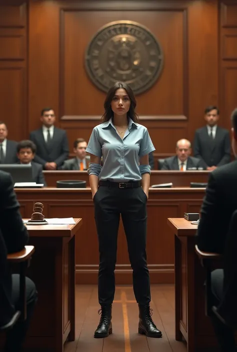 An image from a courtroom where the defendant, dressed as a civil engineer, is defending her charges.