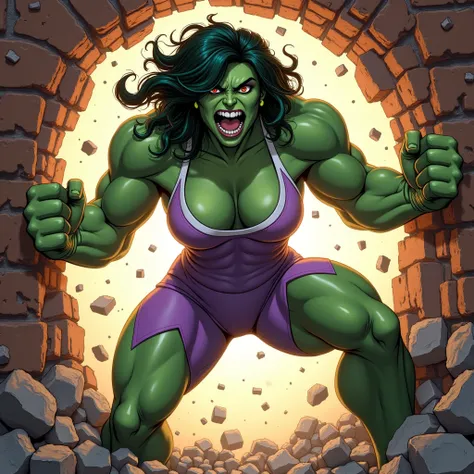 SheHulk breaking through a brick wall with debris everywhere, jade green skin, muscular physique, dark hair, angry expression on face.  she is wearing tight fitting lilac and white spandex gym wear