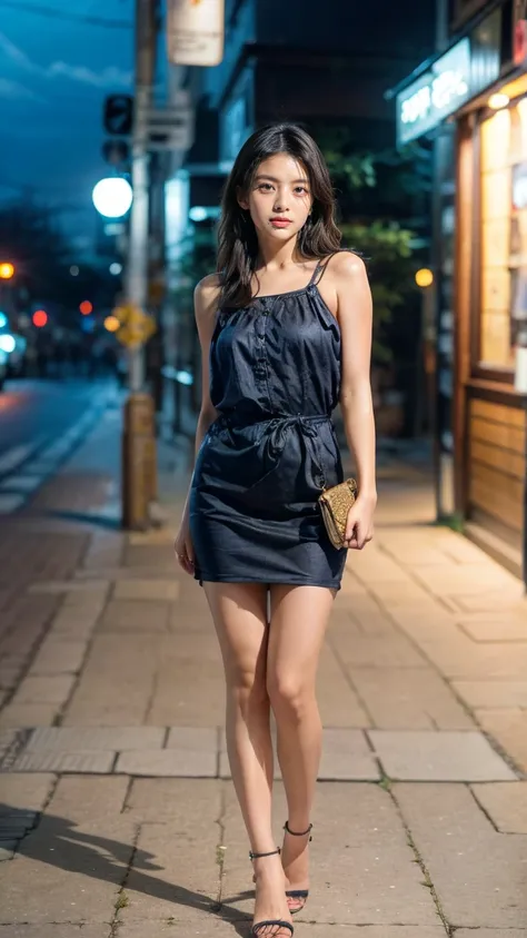 a beautiful young japanese woman, 24 years old, with healthy thighs, beautiful legs, flawless skin, random hair color and hairstyle, large breasts, a hostess wearing a hostess dress, high heels, full body shot, holding a purse in one hand, on a busy city s...