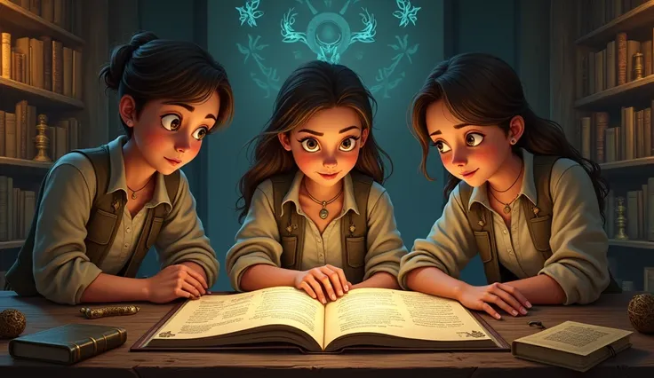  A scene where young archaeologist Mira and her friends Ethan and Lena meet and try to learn about the Wheel of Time.  A scene with old books and holographic images on the table , an environment with paintings from the past hanging on the walls ; Draw in a...