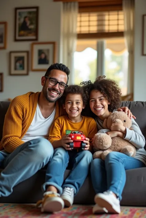 A cheerful family of four sitting together on a cozy couch in a warmly lit living room. The family consists of a smiling father, a mother with glasses, a young boy holding a toy car, and a  with curly hair hugging a stuffed animal. The room is decorated wi...