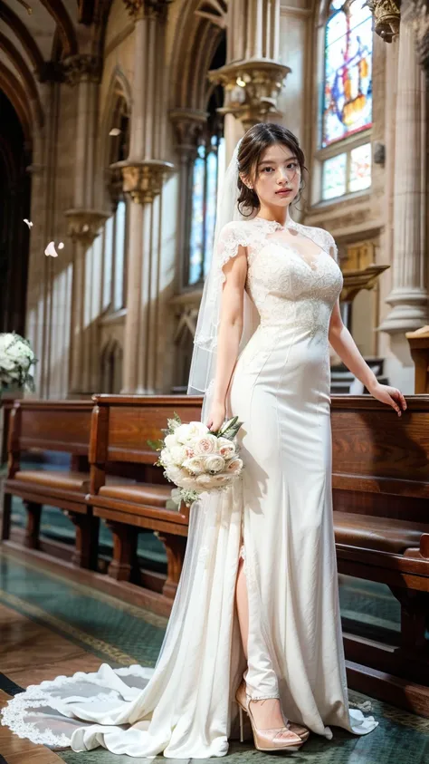 A beautiful young Japanese woman, 26 years old, with healthy thighs, beautiful legs, flawless skin, random hair color and style, large breasts, wearing a (wedding dress:1.3), full body shot, high heels, holding a bouquet in her hands, in a church setting, ...