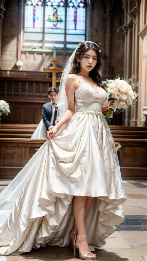 A beautiful young Japanese woman, 26 years old, with healthy thighs, beautiful legs, flawless skin, random hair color and style, large breasts, wearing a (wedding dress:1.3), full body shot, high heels, holding a bouquet in her hands, in a church setting, ...