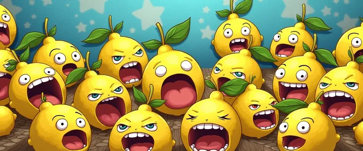  Draw a bunch of lemons with human faces making various funny expressions, a tapestry of background and background behind light blue . The art must be inspired by the anime ONE PIECE