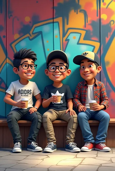 4D caricature, 3 Indonesian men aged 25 years, 1 man (wearing a snapback hat, Adidas t-shirt, cargo pants). 2nd man (wearing clear lens glasses, billabong t-shirt, cargo pants), 3rd man (flannel shirt, long jeans) and they wear random Converse shoes, sitti...