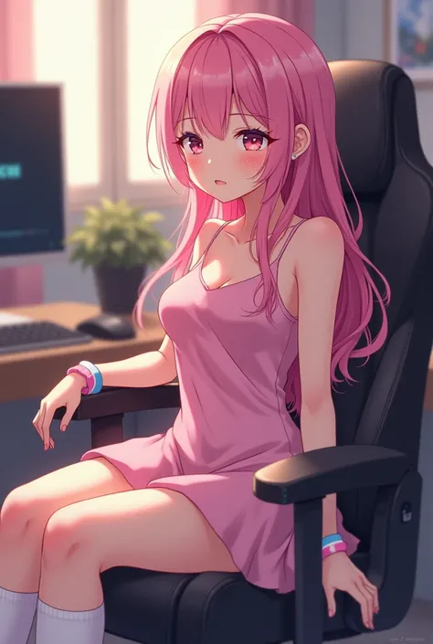  masterpiece ,  Best Quality , 1 girl, only, looking_No_viewer, Blush, Body of a young man , no errors in the images , Uma garota de anime No quarto gamer sentada em uma cadeira gamer,  drinking a glass of milk ,  I had a pink dress , pink hair, Celeste ey...