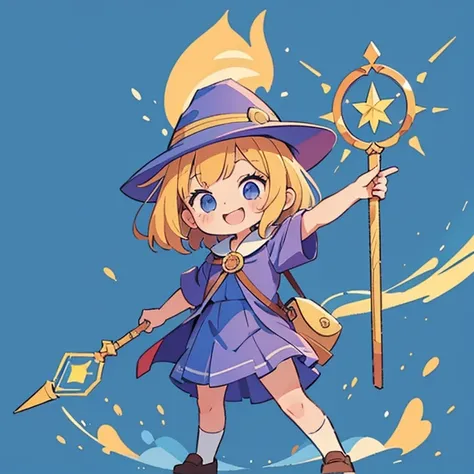 (masterpiece, best quality:1.1),pop,cute girl,Elementary school student,wearing a wizards costume and holding magical staff.great joy,simple background,