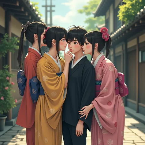 (masterpiece,  High Quality ,8K wallpaper),( 4 Beautiful Taisho Era Female Students 、 Seduce 1 Young Student Boy :50.0),( The Hairstyles of the 4 Beautiful Taisho Era Female Students Wear Ground Cover :50.0),( 4 Beautiful Taisho Era Female Students Caress ...