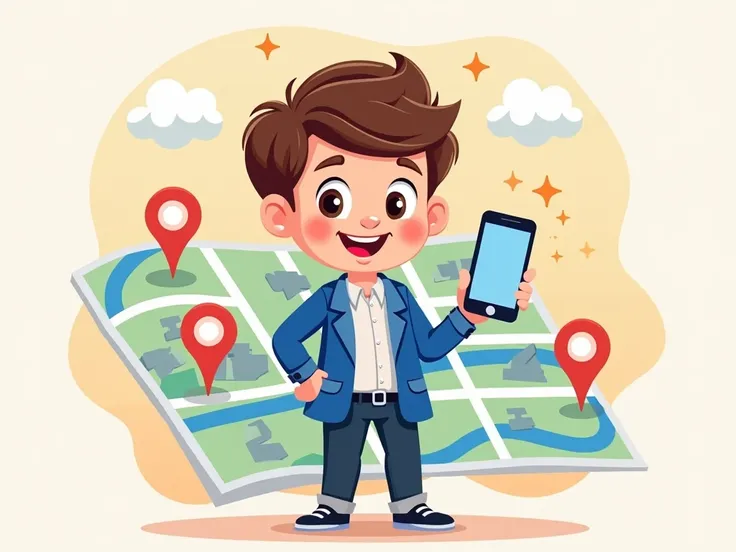 "A cheerful cartoon character wearing a blue blazer,A vibrant cartoon-style map with a cheerful and colorful design, showing a detailed location with clear markers, roads, and buildings. The style matches a smooth and rounded aesthetic, with bright pastel ...