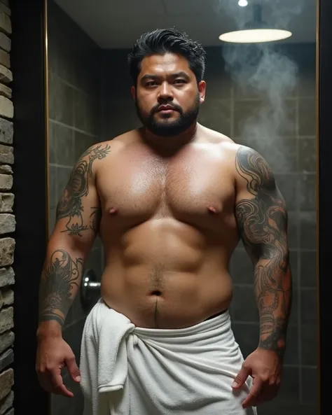 A 35 year old japanese man with a bearish appearance,chubby and muscular,cool tattoos on his body, shirtless, wearing a loose towel that almost fell off, white, revealing his belly hair, looking like he just finished taking a shower because his hair was we...