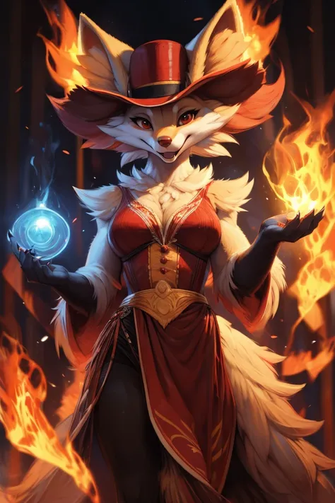 Anthro female delphox presenting the show, close shot, holding the camera pose, flames and light, fluffy, cute, professional illustration, masterpiece, high quality, 4k, wears circus showmans cloth, wears dark_red cilinder_hat, claws, by pixelsketcher, by ...