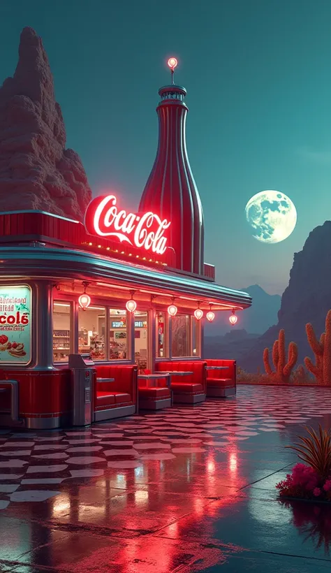 {
  "prompt": "A retro Coca-Cola-themed diner located on a distant planet. The building has a classic 1950s American diner design, with a futuristic twist to blend into the alien landscape. The exterior features vibrant red and white colors, glowing neon C...