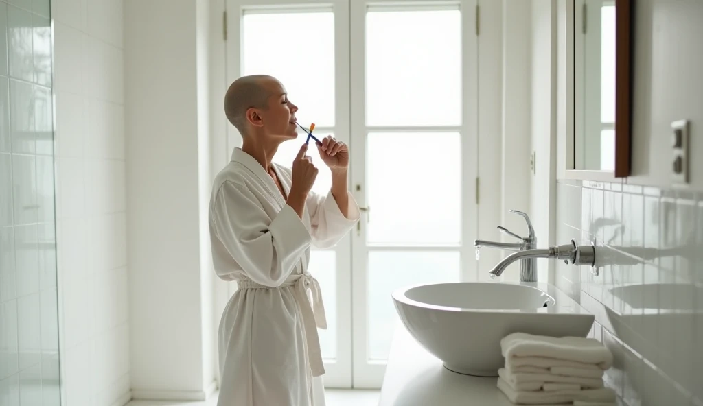 Create realistic photos of Thai people living in white modern house
A 60-year-old bald woman stands brushing her teeth in the bathroom
 
