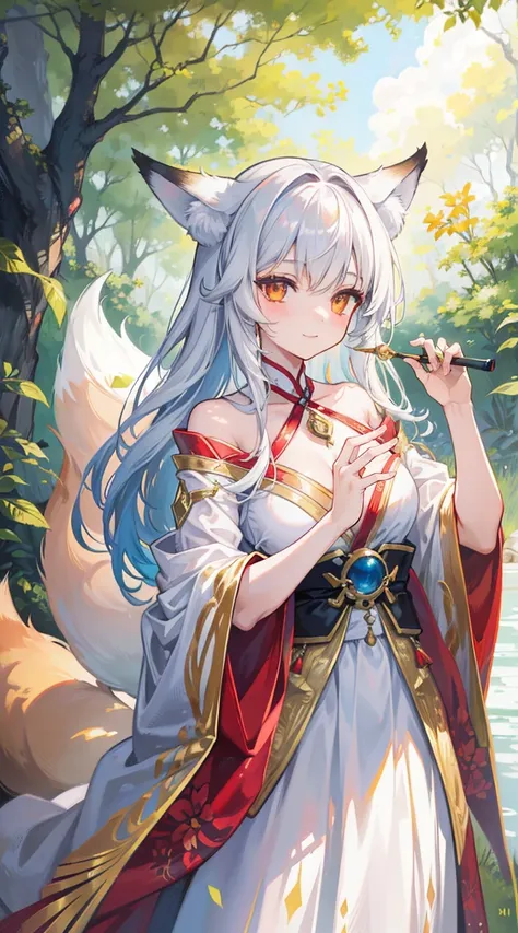 a mesmerizing portrait of a fox spirit, with enchanting eyes and a mischievous smile. The fox spirit has a graceful and alluring appearance, with flowing fur and a slender body. The fur is vibrant and glossy, with a mix of fiery red, golden, and white tone...