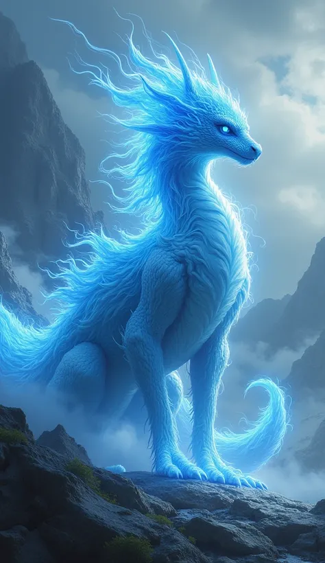 (
A majestic dragon-like creature, infused with swirling blue energy patterns, stands tall in a mystical, stormy landscape. Its flowing, ethereal fur glows with a radiant energy, blending seamlessly with the surrounding winds. The creatures form is a power...