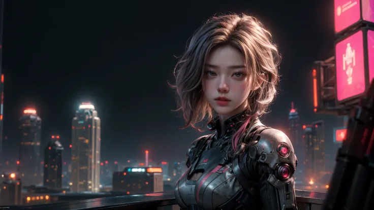 (( masterpiece ,  Highest quality ,  highest image quality ,  High resolution,  photorealistic ,  RAW photo, 8K)), ultra wide,  stereoscopic image of a woman projected on a skyscraper in a futuristic city,  wearing a pink futuristic costume from a futurist...