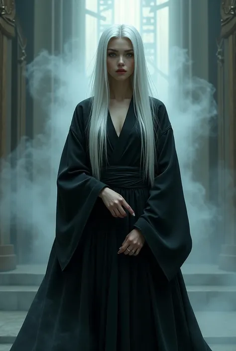 Beautiful girl with long straight white hair, black eyes wearing a black kimono is standing, spread Aura