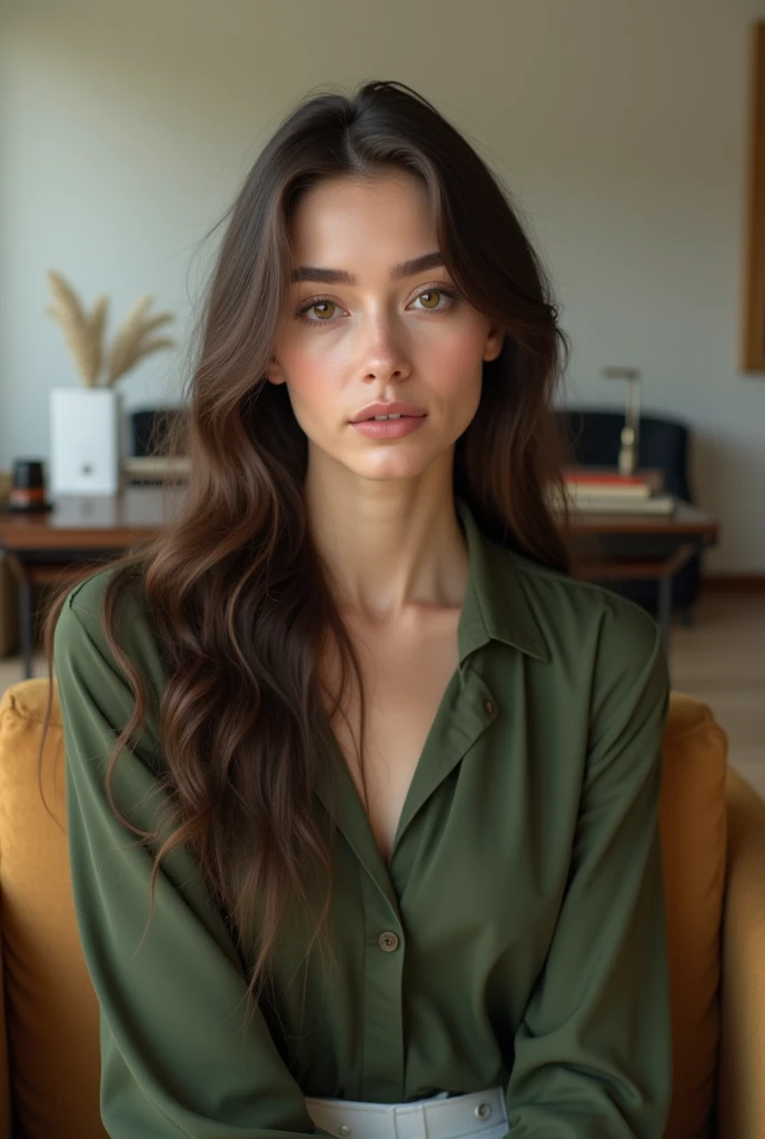  Create a photo of a beautiful woman ,  long wavy hair, light skin, big light brown eyes, thick, outlined eyebrow ,  with a well-designed mouth with a green blouse superimposed on white , and she is seated on an earthy sofa in the background a large clean ...