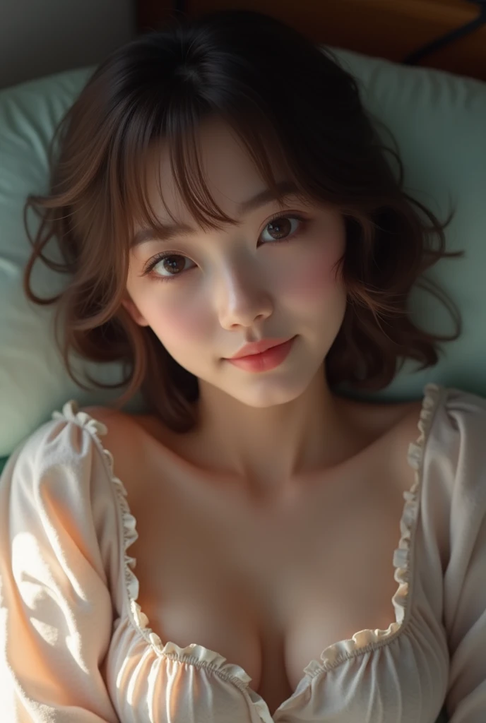 Japanese beauty、High nose、Grin、beautiful、Shortcuts、Brown Hair、pajamas、night、bed、Emotional atmosphere、High resolution, masterpiece, accurate, Textured skin, Very detailed, Retina, 高quality, quality, High-resolution model, detail, Real、Realistic、8k、4K