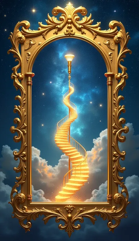 A golden celestial frame surrounding icons such as a paintbrush, a musical instrument and a spiral staircase, representing talents and challenges.