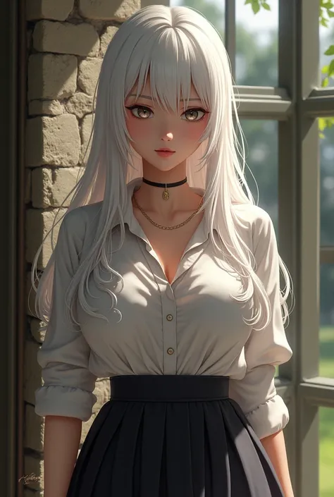 Girl white hair big breasts school semi rusticated shirt