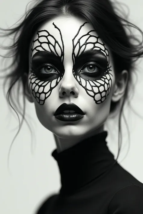  a woman with a black and white pattern on her face, Symmetrical portrait , Details 3D ,   digital art --chaos 50 --ar 9 : 16 --stylize 100 --weird 1500  