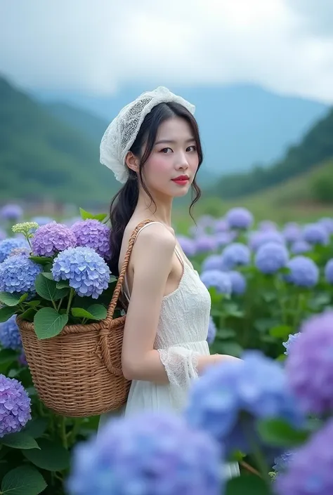 A picturesque rural setting with a young woman standing amidst a vibrant hydrangea garden. She wears a delicate white lace headscarf and a matching sleeveless white outfit. On her back is a traditional woven basket overflowing with purple and blue hydrange...