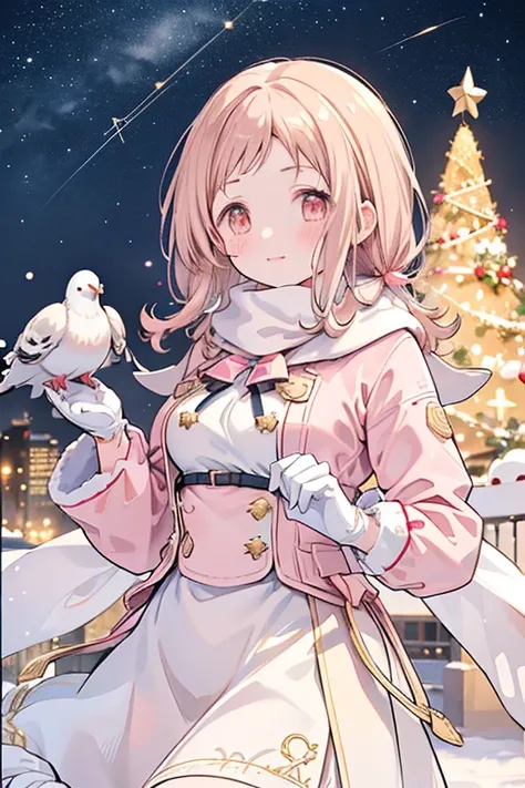 Sakuragi Mano, ((Mega Breasts)),　　(((Starry Sky))), Absolute territory,　　smile, 　(Midnight),　　,　　Fluffy,　(Healing),　　 hair accessories ,　　　(((Gold trim))), (((gold star print))), (red star print),　 ( gloves : 1.5),　 Frills,　 ((a little white pigeon)), ((fe...