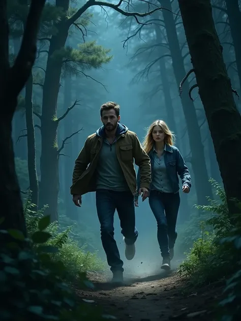 In the darkness of the night in a forest, the  bride chases, A 30-year-old man, short brown hair, no beard, wearing a brown and brown jacket, is accompanied by his wife, a 25-year-old woman, long blond hair, wearing a jacket blue and black pants. A scenari...