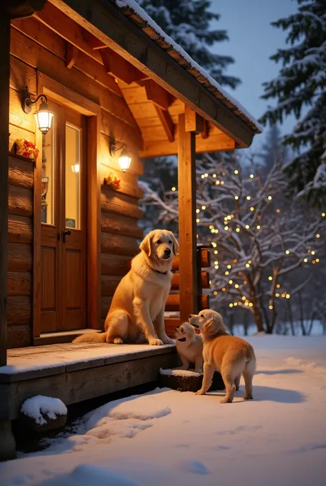  Golden Retriever dog is on the porch of a wooden house illuminated and decorated for Christmas. Next to her are her two little golden cubs. It&#39;s snowing. There are trees with Christmas lights . undefined, 