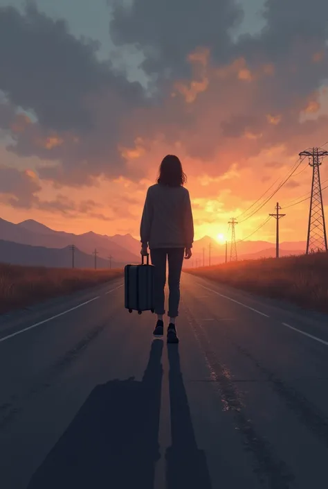 A deserted road at dusk, with the soft light of the sun setting on the horizon. in the center, a person with a suitcase in hand,  looking back , but clearly walking in the opposite direction, as if you were more focused on the act of leaving than on the de...