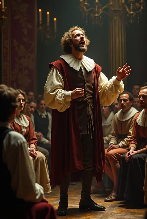 Shakespeare , while reciting one of his works in front of an enthusiastic audience. 1600