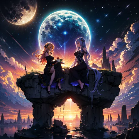  黒マントを着た裸の Medusa の少女が渦巻の中を飛んでいる,   anime fantasy artwork sitting on a rock with a full moon in the background。sitting on a rock、There is a full moon in the background。 Medusa , Hair is made of snakes、Mythical world、 Glaring works， Anime Fantasy Illustrati...