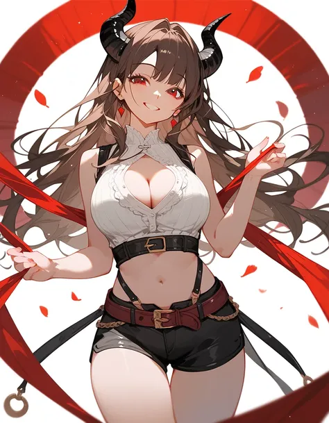 girl, brown hair ,Long hair, in red eyes ,There are horns twisted in black threads,smile, Medium-sized chest , Silk White Sleeveless Top, black shorts ,With belt,Thigh,Flat stomach,cute,milf,shh hand post,Pull Up Blouse Open Chest ,