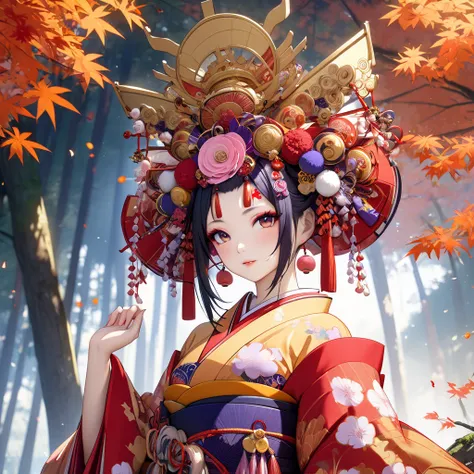 (Super elaborate CG Unity 8K wallpapers), (masterpiece), (Highest quality), geisha, kimono,  Alluring,  Oiran, ((Highest quality)), (Very detailed)), (((photograph)), Autumn Japan Forest Revealing Clothing