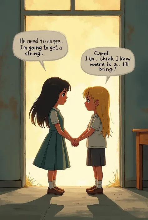 scenario: Little Mary e Carol conversam na escola,  tomorrow to a remote corner .
text: ( Dialogue balloons )
Little Mary: "He needs to escape .  Im going to get a string ."
Carol: " I think I know where there is a .  Ill bring !"
image: The two holding ha...