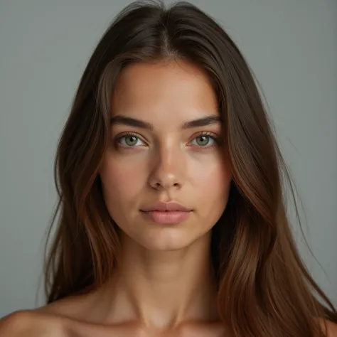 Studio portrait of a 24-year-old woman, looking directly at the camera, 170-175 cm tall, weighing 50-55 kg, of European descent, brunette with green eyes, long hair, and ultra-textured skin.