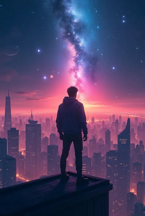 A striking image of Skyline Kim standing on a rooftop, silhouetted against the glowing River of Stars above the Nebralis skyline. Wherein Skyline Kim is a man known as a daring sky-runner and a hero in the city.