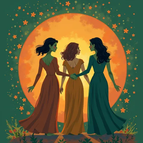  create an image for a logo that has as its theme "Women on stage ". Coloque varios elementos que lebre theater ou novelas.  The image must refer to the performance , theater, Music and female empowerment .  The colors must be shades of green and orange . ...