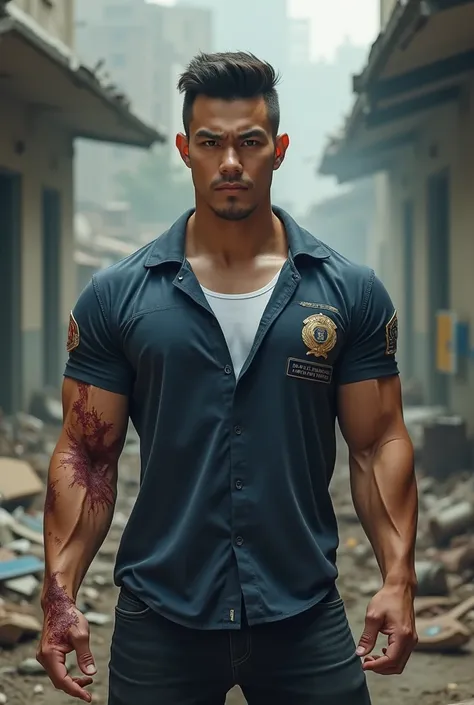 Realistic images, like a real man sitting , Asian man with skinhead hair 、(Big muscles)、Short Fade Cut 、laugh、18 years old、, a very handsome, cute bodybuilder, 、(Big muscles) Broad shoulders , Muscle Ties 、Man、Short hair、 big 、 wearing navy polo shirt with...