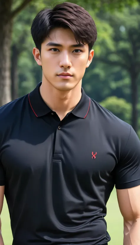   1boy, orimale ,Orimura ,  bright eyes  , Short Hairstyle , Handsome man ,Have muscles,blood vessel,Broad shoulders, Wear a black short-sleeved polo shirt without a logo and jeans