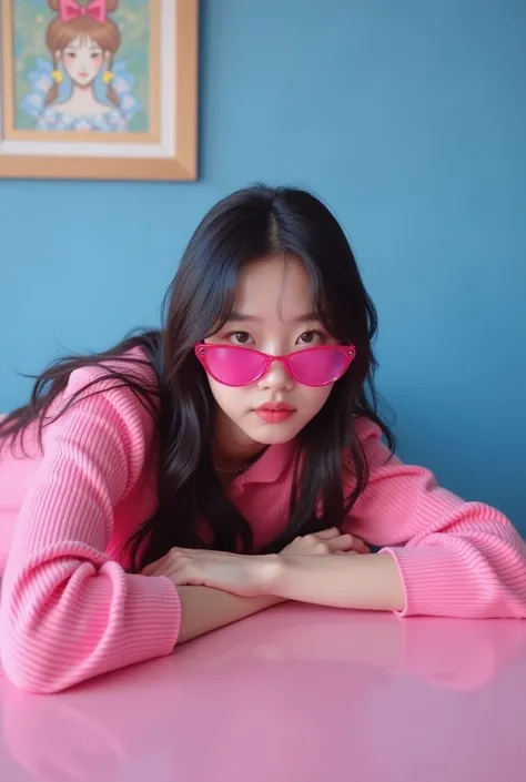 a girl with pink sunglasses lying on a table in a pink and blue room, an image inspired by Kim Jeong-hui , tumblr, what is?, sun yunjoo, jennie rosa negra,  portrait of jisoo by blackpink , Lalisa Manobal, Lalisa Manoban of Blackpink, tzuyu twice, Korean f...