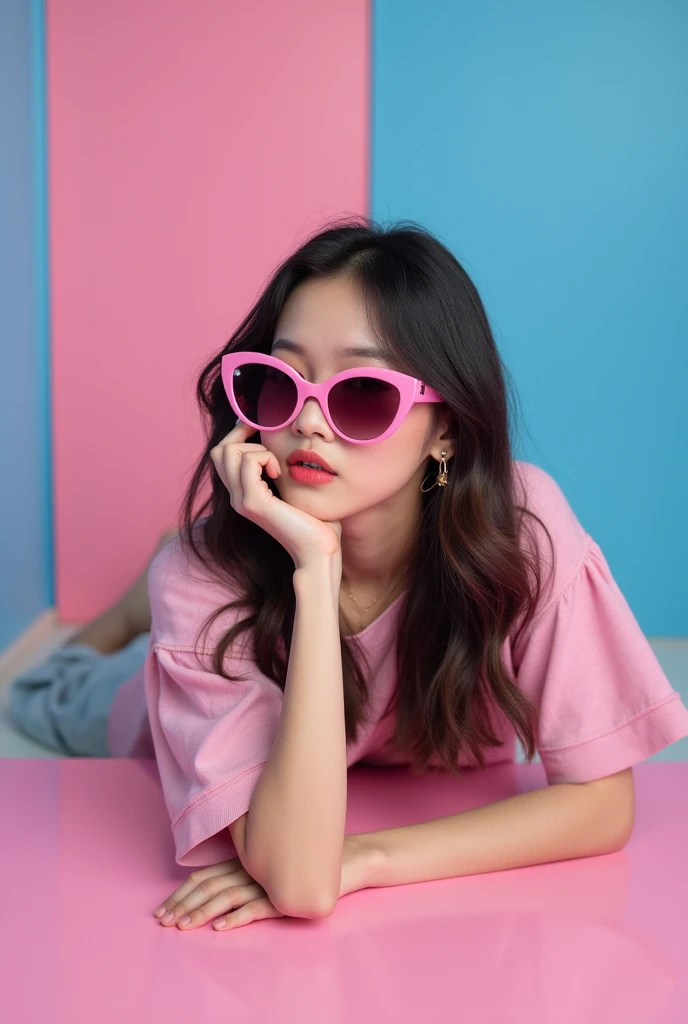 a girl with pink sunglasses lying on a table in a pink and blue room, sun yunjoo, jennie rosa negra, portrait of jossi de blackpink, Lalisa Manobal, Lalisa Manoban of Blackpink, tzuyu twice, Korean female idol portrait, jossi de blackpink, adorable Korean ...