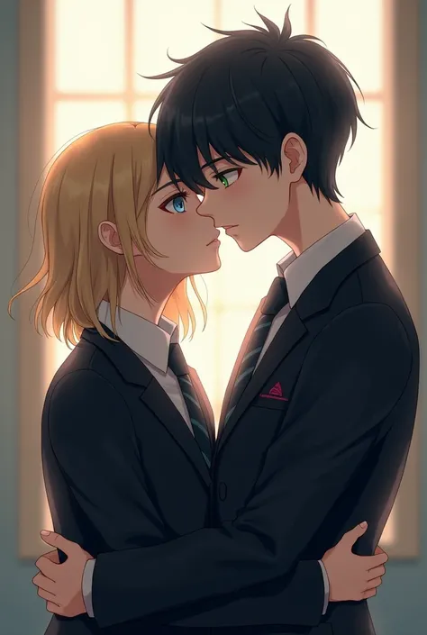 boy with shoulder-length blonde hair and blue eyes kissed a  taller boy with black hair and green eyes, both in school uniform
