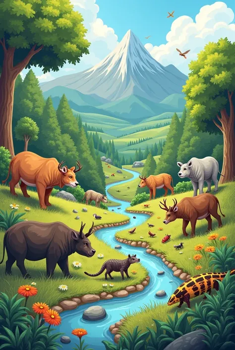 Create an image of the habitat ,  feeding and reproduction of wild animals, It is for 3rd grade school and with its description 