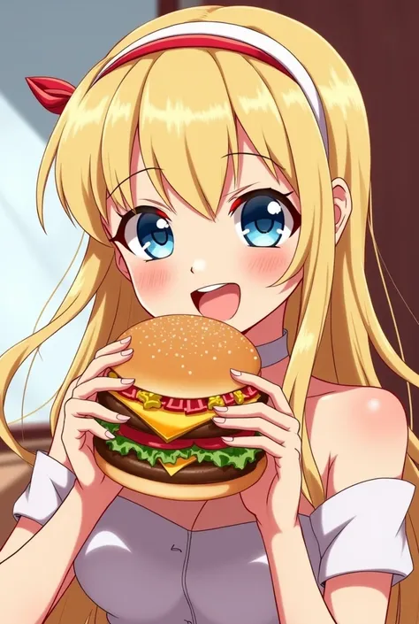 in n out,hamburger,woman, smiles, Blonde,  headband,  Big Breasts ,  Japanese illustration style , 